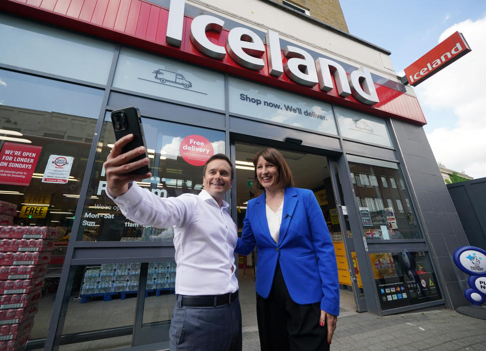 Shadow chancellor Rachel Reeves goes to Iceland with Richard Walker, the supermarket chain’s managing director, in Fulham, south west London (Yui Mok/PA)