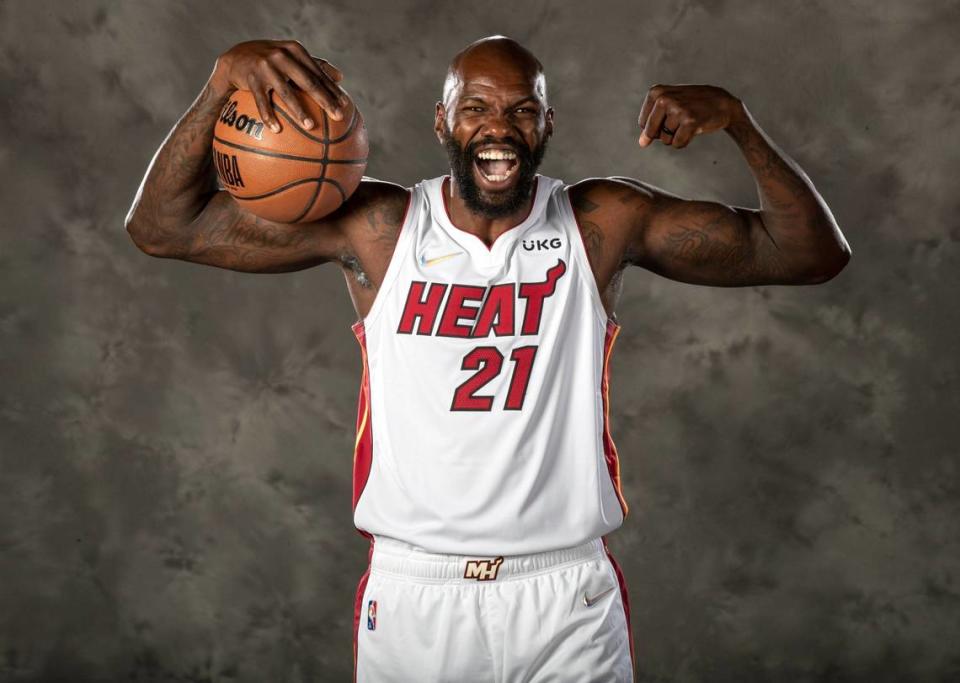 Miami Heat center Dewayne Dedmon (21) poses for a portrait during Miami Heat Media Day at FTX Arena in Miami on Monday, September 27, 2021.