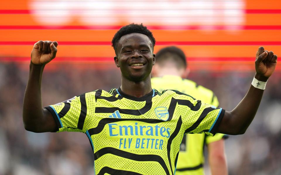 Bukayo Saka celebrates Arsenal's goal in win over West Ham