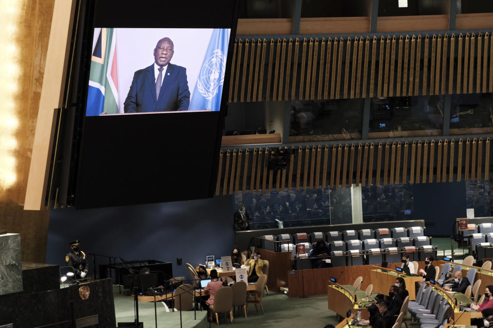 President of South Africa Cyril Ramaphosa speaks via video link during the 76th Session of the U.N. General Assembly at United Nations headquarters in New York, on Thursday, Sept. 23, 2021. (Spencer Platt/Pool Photo via AP)