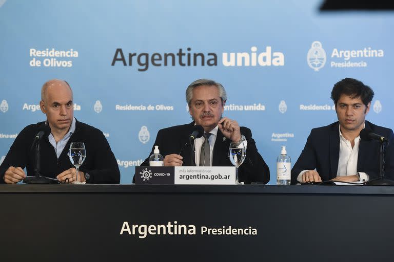 Larreta, Fernández y Kicillof, nuevamente ayer al frente de los anuncios