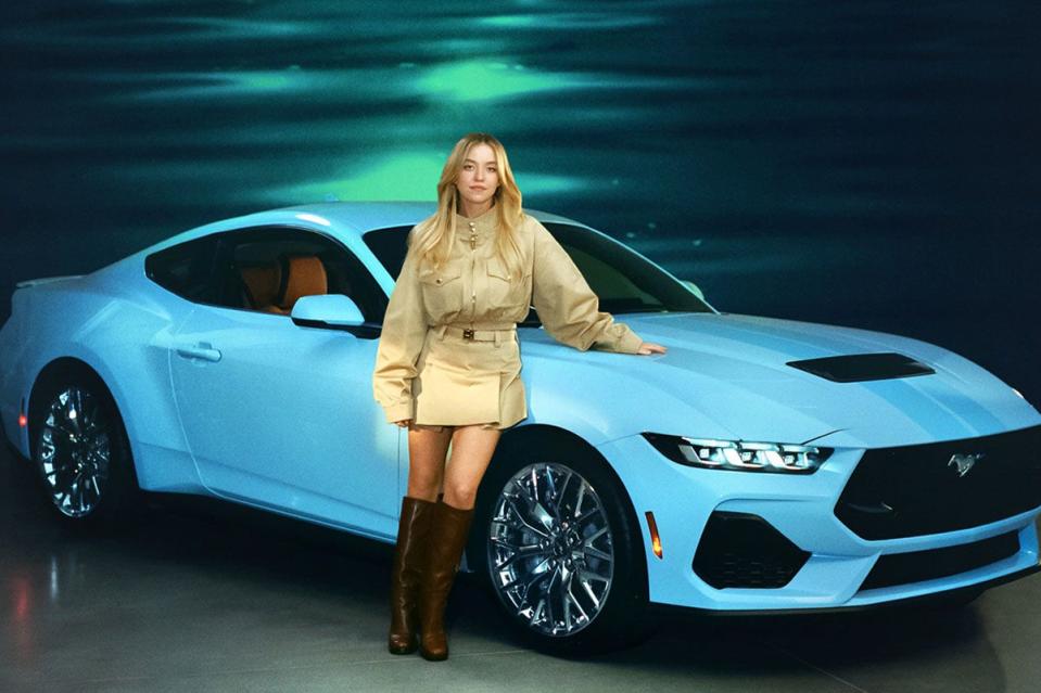 <p>Ford Motor Company</p> Sydney Sweeney with the custom 2024 Mustang GT she designed