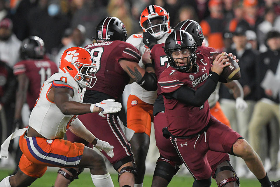 Nov 25, 2023; Columbia, South Carolina, USA; Clemson Tigers linebacker Barrett Carter (0) sacks South Carolina Gamecocks quarterback Spencer Rattler (7) during the second quarter at Williams-Brice Stadium. Mandatory Credit: Ken Ruinard-USA TODAY Sports