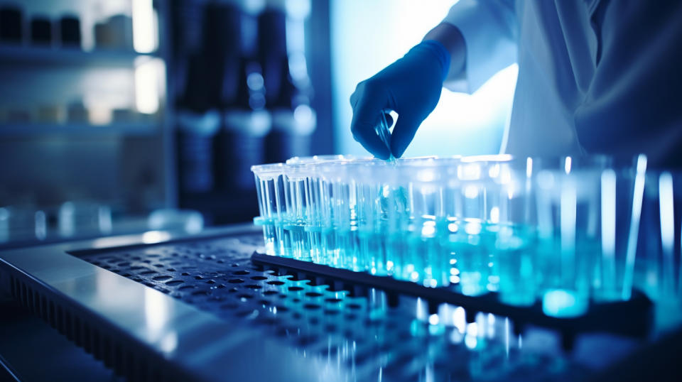 A technician using a pipette to mix a bright blue chemical solution in a laboratory.