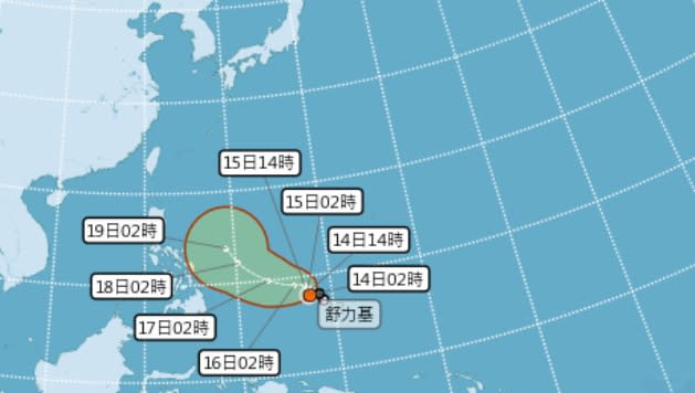 氣象局預估舒力基往菲律賓東方海面靠近後會往東北的方向移動。（圖／翻攝自中央氣象局）