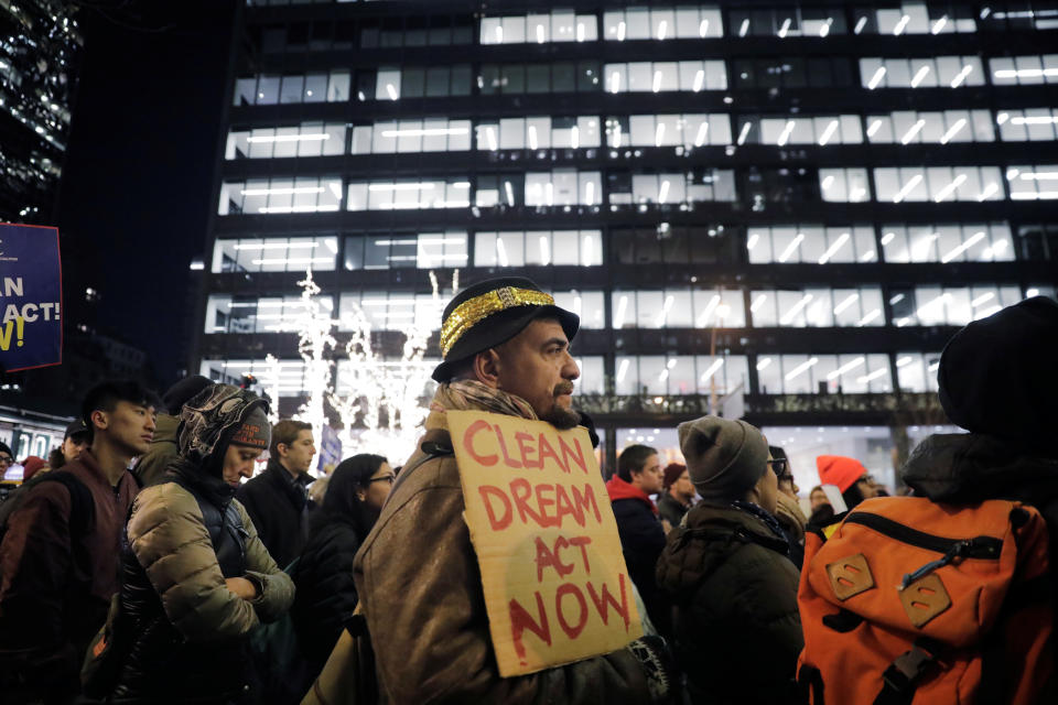 <p>Activists demonstrate outside the New York office of Sen. Chuck Schumer to ask for the passage of a ‘clean’ Dream Act, one without additional enforcement or security, in New York City, Jan. 10, 2018. (Photo: Lucas Jackson/Reuters) </p>