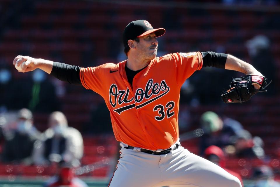 Baltimore Orioles' Matt Harvey pitches during the first inning of a baseball game against the Boston Red Sox, Saturday, April 3, 2021, in Boston. (AP Photo/Michael Dwyer)