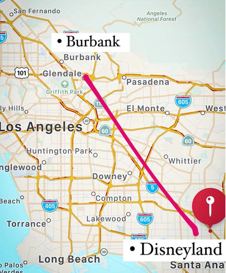 map of california showing distance from burbank to anaheim