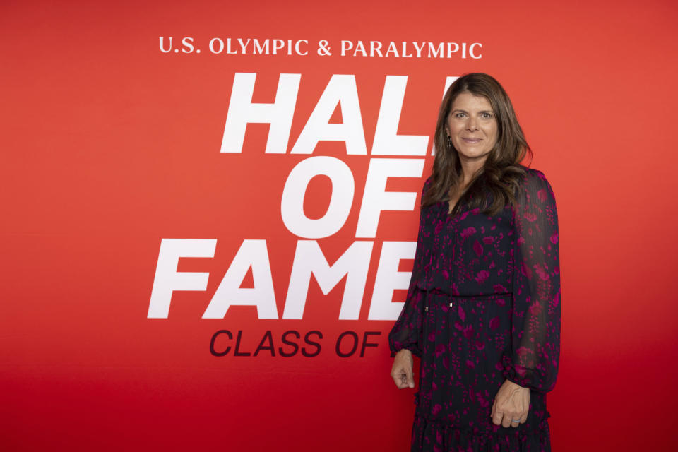 In a photo provided by the U.S. Olympic & Paralympic Committee, Mia Hamm arrives for the U.S. Olympic and Paralympic Hall of Fame induction ceremony in Colorado Springs, Colo., Friday, June 24, 2022. (Mark Reis/U.S. Olympic & Paralympic Committee via AP)