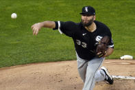 Chicago White Sox pitcher Lance Lynn throws against the Minnesota Twins in the first inning of a baseball game Tuesday, May 18, 2021, in Minneapolis. (AP Photo/Jim Mone)