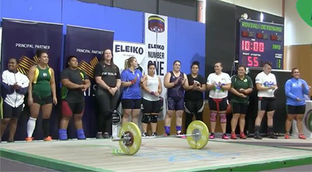 Laurel, pictured fourth from left, with the other female competitors in the 90kg weightlifting division at the Australian International competition in Melbourne. Picture: Australian Weightlifting Federation