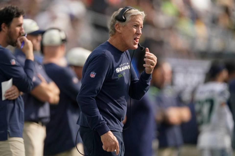 Seattle Seahawks head coach Pete Carroll yells on the sideline during the first half of an NFL football game against the Los Angeles Chargers Sunday, Oct. 23, 2022, in Inglewood, Calif. (AP Photo/Mark J. Terrill)