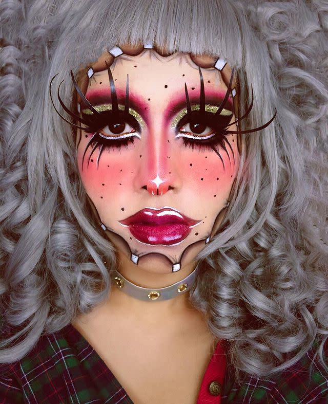 <p>Add another (literal) layer of horror with trompe l'oeil effect doll make-up that looks like you've stuck your actual face on. Part horrifying surgery, part creepy doll, this is the perfect scary mix for Halloween.</p><p><a href="https://www.instagram.com/p/BlojvqrgmuS/" rel="nofollow noopener" target="_blank" data-ylk="slk:See the original post on Instagram;elm:context_link;itc:0;sec:content-canvas" class="link ">See the original post on Instagram</a></p>