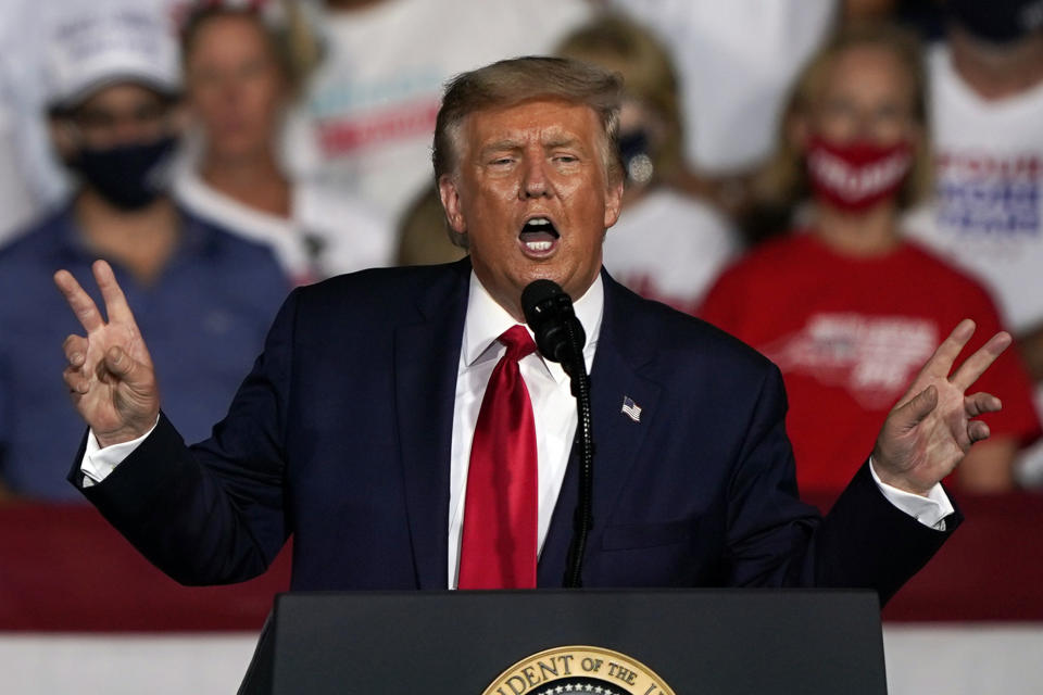 President Donald Trump speaks at a campaign rally Tuesday, Sept. 8, 2020, in Winston-Salem, N.C. (AP Photo/Chris Carlson)