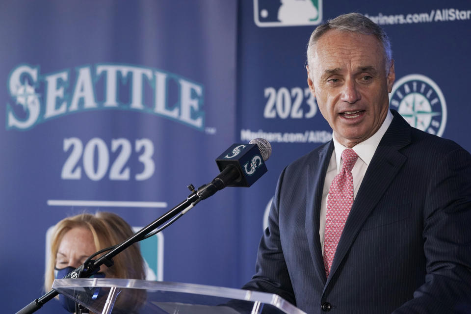 Baseball Commissioner Rob Manfred speaks during a news conference Thursday, Sept. 16, 2021, at the Space Needle in Seattle. Manfred announced that the Seattle Mariners will host the 2023 All-Star Game at T-Mobile Park. (AP Photo/Ted S. Warren)