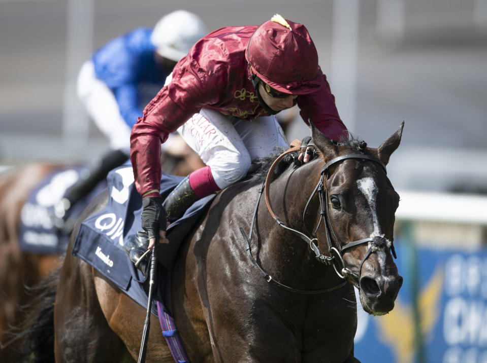 Kameko ridden by Oisin Murphy wins the Qipco 2000 Guineas at Newmarket Racecourse, in Newmarket, England, Saturday June 6, 2020. The 10-1 Kameko upset the odds to beat Pinatubo and win the 2,000 Guineas at Newmarket on Saturday and give jockey Oisin Murphy his first Classic. Pinatubo entered the race unbeaten in six juvenile starts and with the highest 2-year-old rating for 25 years. (Edward Whitaker/PA via AP)