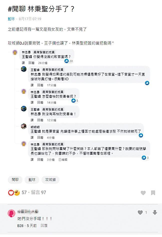 在網路論壇上林秉聖被討論是否分手，知情人士留言沒分。（翻攝自Dcard）