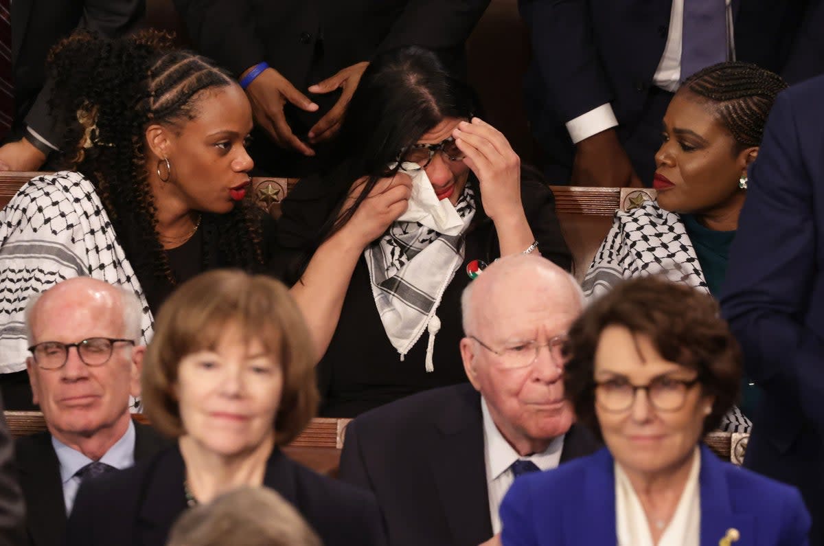 U.S. Rep. Rashida Tlaib (D-MI) wipes her eyes as she listens to President Joe Biden's State of the Union address during a joint meeting of Congress in the House chamber at the U.S. Capitol on March 07, 2024 in Washington, DC. She has vocally criticised Biden’s policy toward Israel. (Photo by Alex Wong/Getty Images) (Getty Images)
