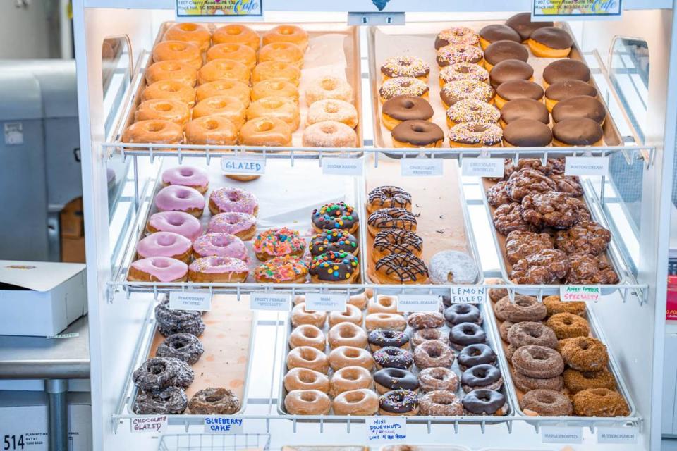 Varieties at Rise & Shine Doughnut Cafe include glazed, filled and cake doughnuts, along with apple fritters.