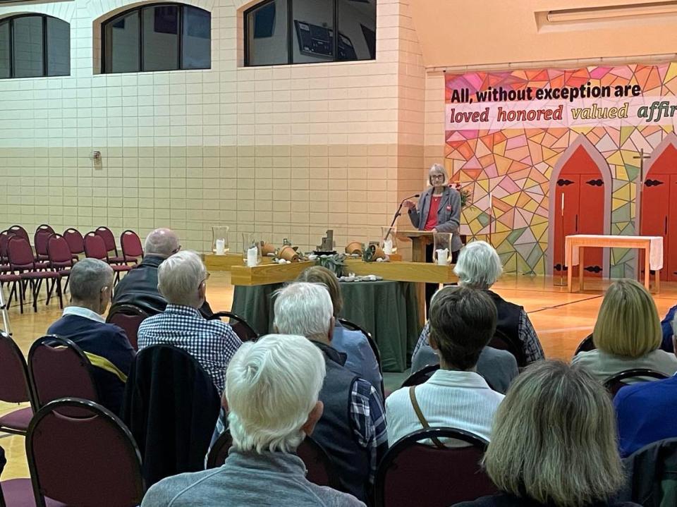 Dorothy Duncan, Local Group Lead with South Greenville Moms Demand Action for Gun Sense in America, speaks at community meeting at Trinity Lutheran Church in Greenville about gun violence in South Carolina.