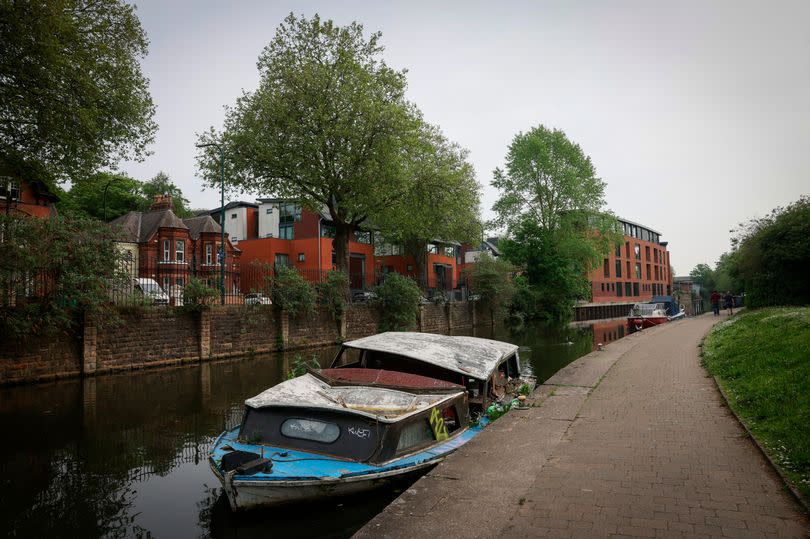 A general view of a partially sunken boat on the Nottingham and Beeston Canal near Castle Boulevard in Nottingham