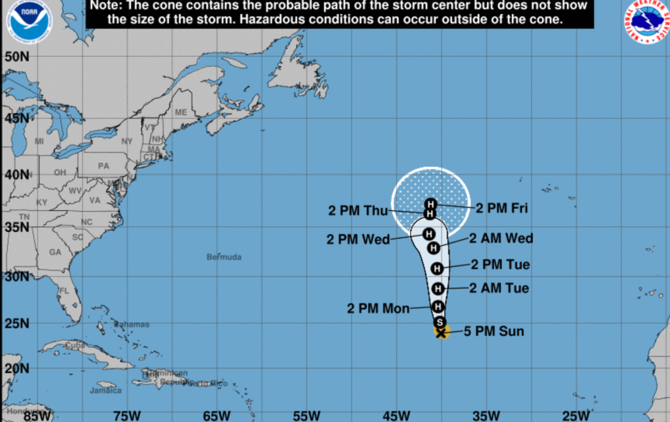 A forecast model from the National Hurricane Center predicts Tropical Storm Margot will intensify into a hurricane on 11 September. (NOAA)