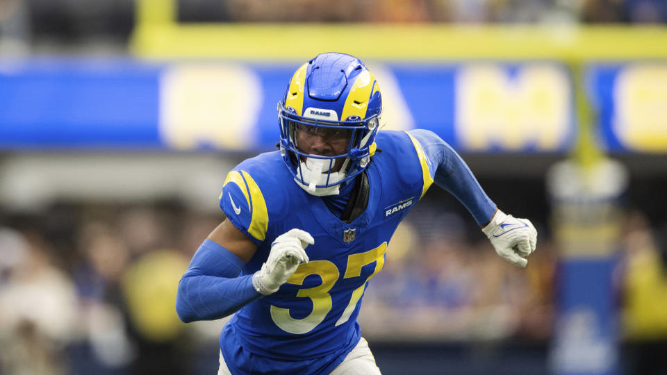 Los Angeles Rams safety Quentin Lake (37) runs during an NFL football game against the Washington Commanders, Sunday, Dec. 17, 2023, in Inglewood, Calif. (AP Photo/Kyusung Gong)