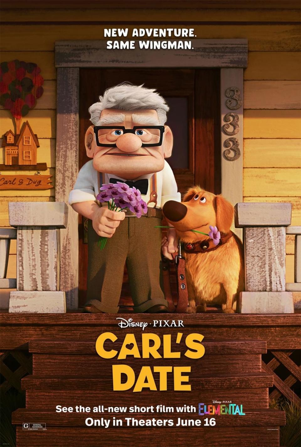 Poster for "Carl's Date," featuring Carl and the dog Dug, in theaters June 16: "New adventure, same wingman"