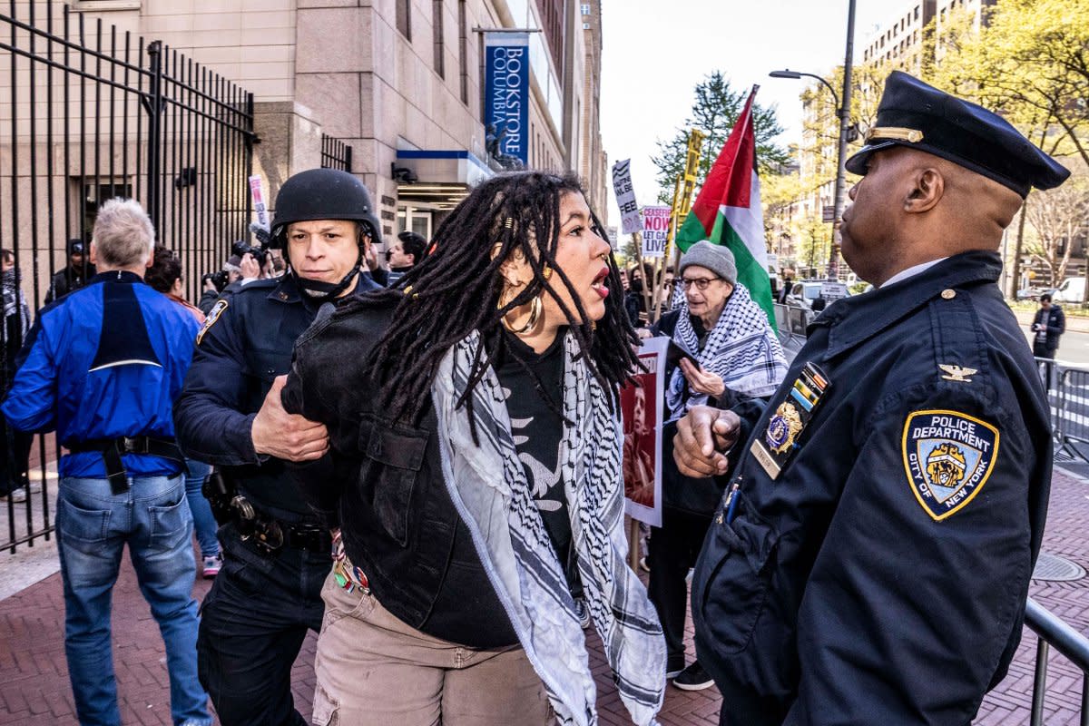 Pro-Palestinian and pro-Israel protests continue outside the gates of Columbia University, and inside the campus, in New York City, on April 22, 2024.<span class="copyright">Mark Peterson—Redux</span>