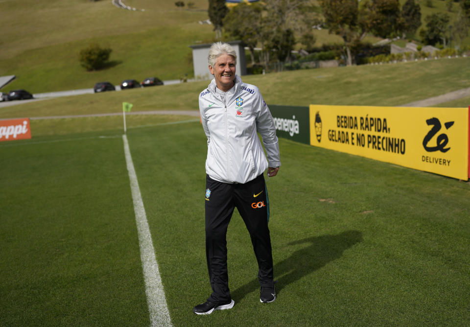 Head coach of the Brazilian women's soccer team, Pia Sundhage, smiles after an interview at the Granja Comary training center, as she prepares her team for the FIFA Women's World Cup tournament in Teresopolis, Brazil, Friday, June 23, 2023. (AP Photo/Silvia Izquierdo)