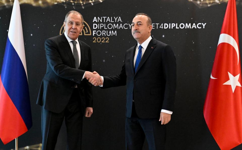 Mevlut Cavusoglu Sergey Lavrov shake hands during their meeting in Antalya, Turkey, in March (Russian Foreign Ministry)