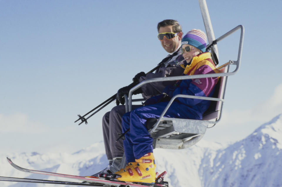 British Royals Charles, Prince of Wales, with his son, Prince William, on a ski lift during a skiing holiday in Klosters, Switzerland, 18th February 1994. (Photo by Tim Graham Photo Library via Getty Images)