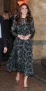 <p>The Duchess of Cambridge attends a tea party in honor of 'Dippy' The Dinosaur at London's Natural History Museum wearing a printed L.K. Bennett tea length dress and grey heels.</p>