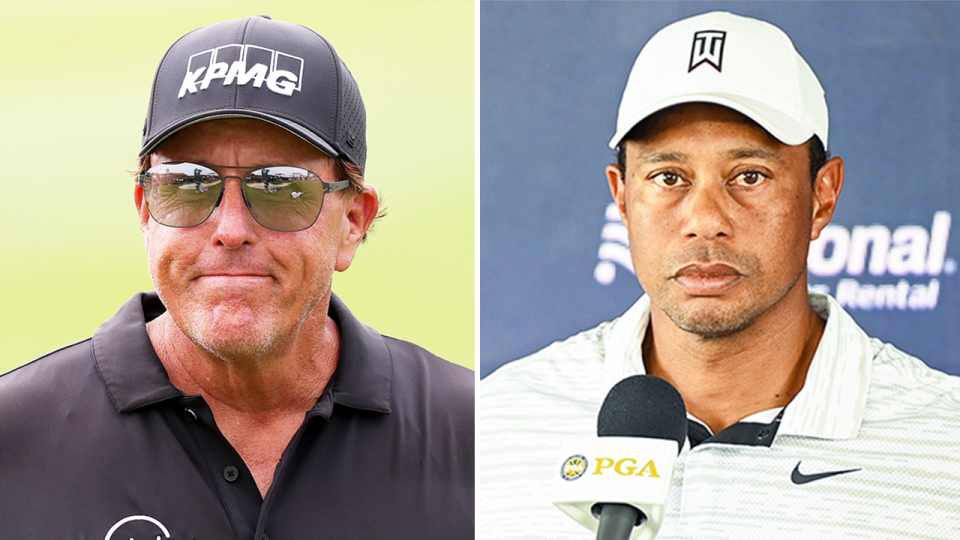 Tiger Woods (pictured right) during a US Open press conference and (pictured left) Phil Mickelson after a shot.