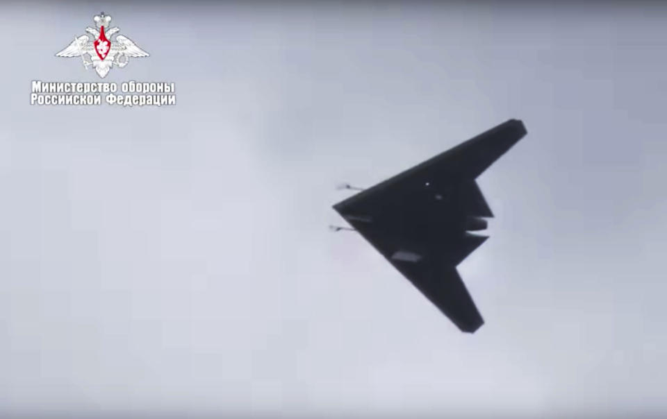 In this video grab made available on Wednesday, Aug. 7, 2019 by Russian Defense Ministry Press Service, Russia's military drone Okhotnik is seen in flight at an unidentified location in Russia. The ministry said the drone, which has stealth capabilities and is equipped with advanced reconnaissance equipment, made its maiden flight Saturday. (Russian Defense Ministry Press Service via AP)