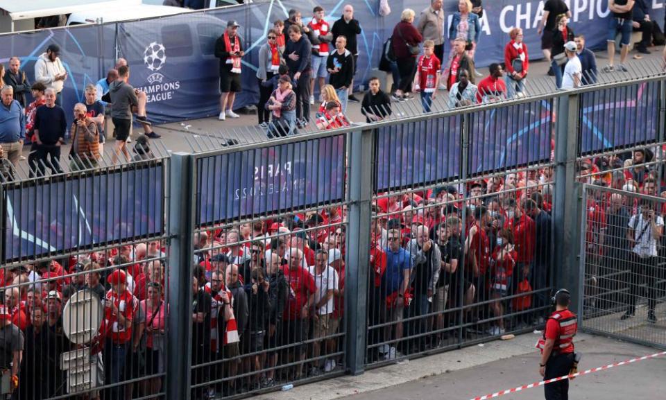 Liverpool fans are stuck in huge queues outside the stadium despite having tickets for the final.