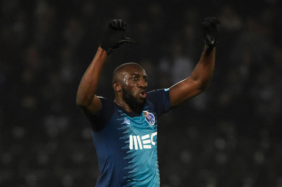 FC Porto's Malian forward Moussa Marega reacts after hearing racists chants during the Portuguese league football match between Vitoria Guimaraes SC and FC Porto at the Dom Alfonso Henriques stadium in Guimaraes on February 16, 2020. (Photo by MIGUEL RIOPA / AFP) (Photo by MIGUEL RIOPA/AFP via Getty Images)