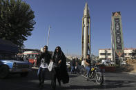 A Shahab-3 surface-to-surface missile is on display at an exhibition by Iran's army and paramilitary Revolutionary Guard celebrating "Sacred Defense Week" marking the 39th anniversary of the start of 1980-88 Iran-Iraq war, at Baharestan Sq. in downtown Tehran, Iran, Wednesday, Sept. 25, 2019. Iran's defense minister Wednesday rejected the idea of a deal with world powers over the country's missile program. (AP Photo/Vahid Salemi)