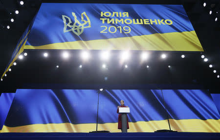 Ukrainian opposition politician Yulia Tymoshenko delivers a speech during a congress of Batkivshchyna (Fatherland) party in Kiev, Ukraine January 22, 2019. REUTERS/Valentyn Ogirenko