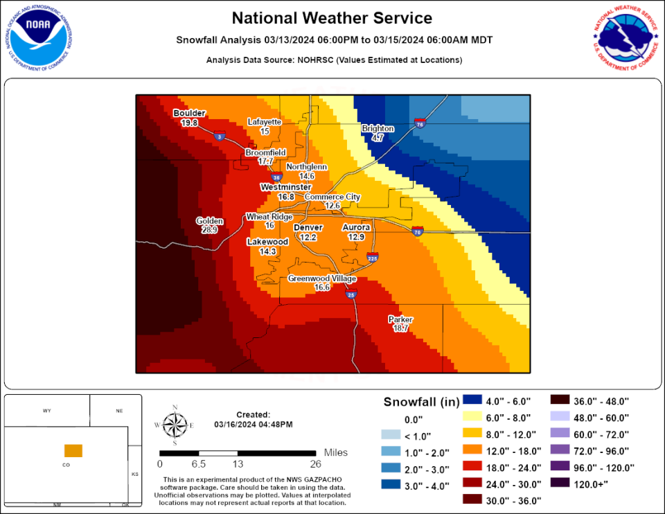 NWS map shows where snow fell on March 13 and 14, 2024.