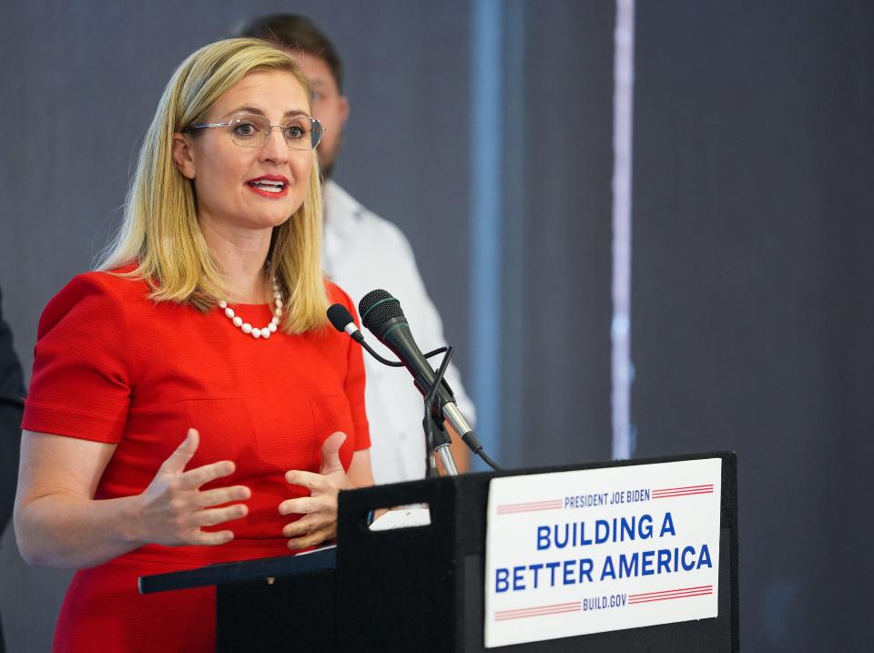 Mayor Kate Gallego speaks during a press conference to announce infrastructure investments in Arizona at the Nina Mason Pulliam Rio Salado Audubon Center on Thursday, Aug. 11, 2022, in Phoenix. The projects are funding as a result of the Bipartisan Infrastructure Law passed last November.