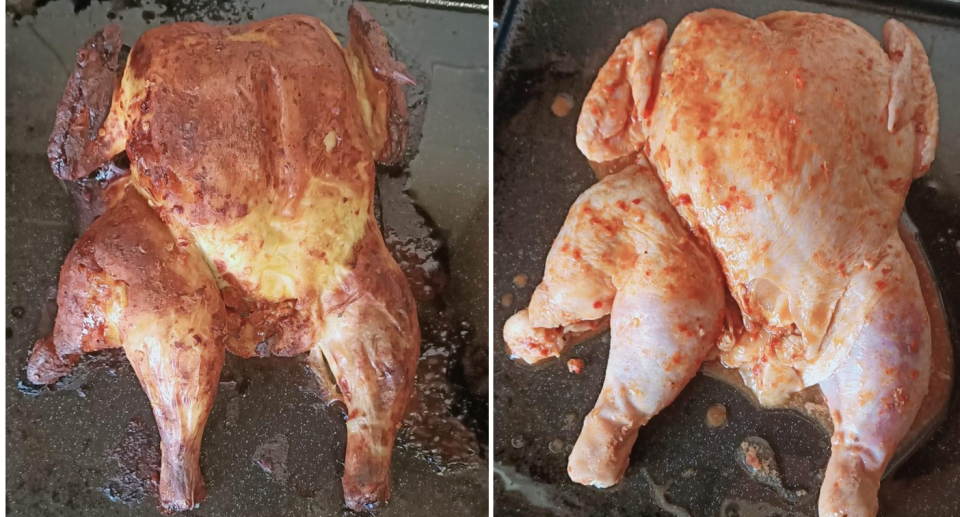 Social media is ablaze with debate over the mutated poultry purchase which appears to be a three-legged chicken. Photo: Facebook/Aldi Mums