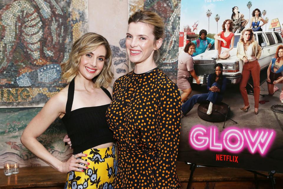 Costars Alison Brie and Betty Gilpin arrive at the N.Y.C. ATAS screening for Netflix’s <em>GLOW</em> on Friday.