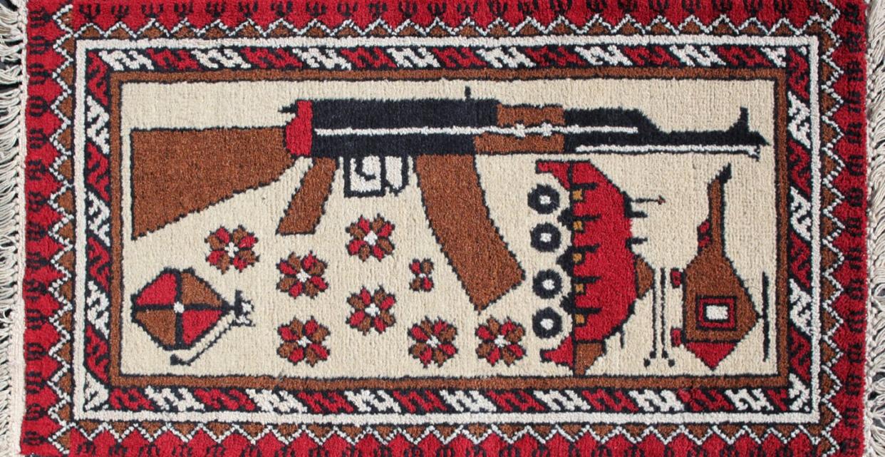 The rug designs tend to contain symbols – AK-47s, 9/11 and drones – that reflect an outsider’s understanding of war. Kevin Sudeith, courtesy of WarRug.com, <a href="http://creativecommons.org/licenses/by-sa/4.0/" rel="nofollow noopener" target="_blank" data-ylk="slk:CC BY-SA;elm:context_link;itc:0;sec:content-canvas" class="link ">CC BY-SA</a>