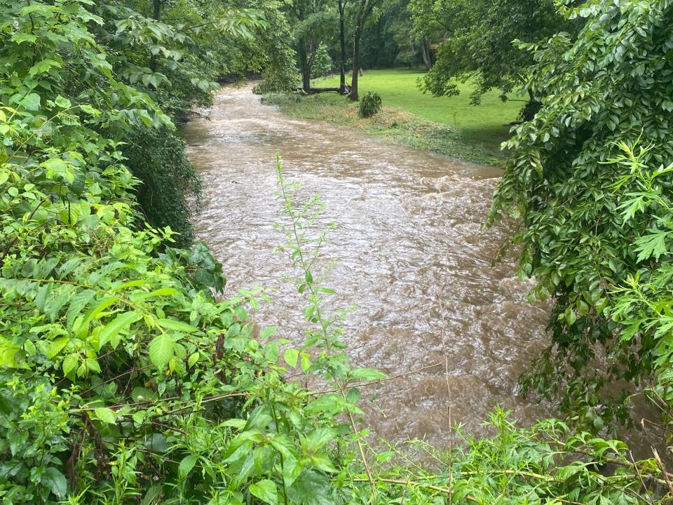 A section of Houghs Creek near Aqueduct Road in Upper Makefield is swollen with rainwater Sunday, July 16, 2023.