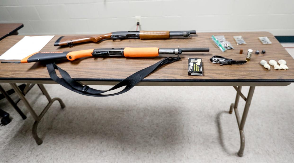 IMPD Shotgun and converted shotgun for less-lethal CTS Model 2581 Super-sock bean 12 gauge shotgun rounds pictured Monday, June 7, 2021, at the Eagle Creek Firearms Training Facility in Indianapolis.