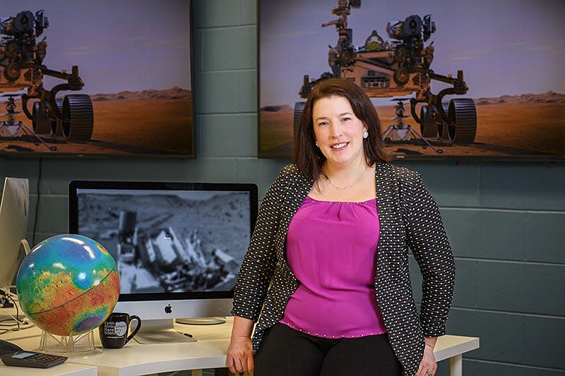 Briony Horgan, associate professor of planetary science, sits inside the Mars Rover Operations Center in Purdue’s Delon and Elizabeth Hampton Hall of Civil Engineering. Horgan and others will be on the edge of their seat for several minutes during the Feb. 18 landing as they wait for confirmation the Mars rover touched down safely.