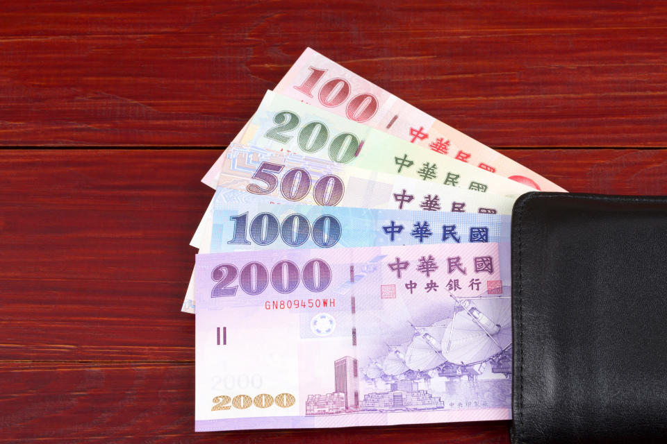 Money from Taiwan in the black wallet on a wooden background