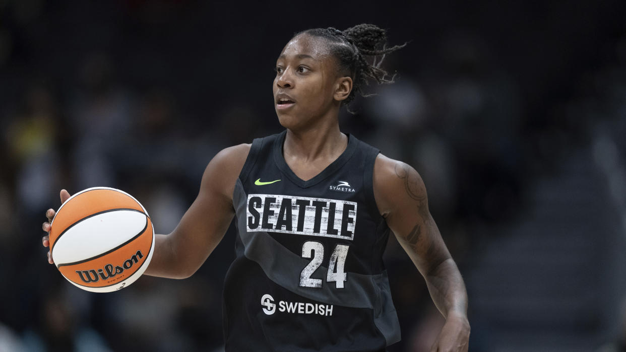 Seattle Storm guard Jewell Loyd dribbles the ball during a WNBA basketball game against the Minnesota Lynx, Friday, May 6, 2022, in Seattle. The Storm won 97-74. (AP Photo/Stephen Brashear)