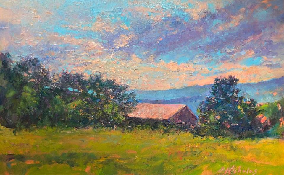 Susan Nichols Gephart’s “Big Valley Sunset” is on display in the East Rotunda of the State Capitol in Harrisburg as part of a show from the Farmland Preservation Artists of Central Pennsylvania.